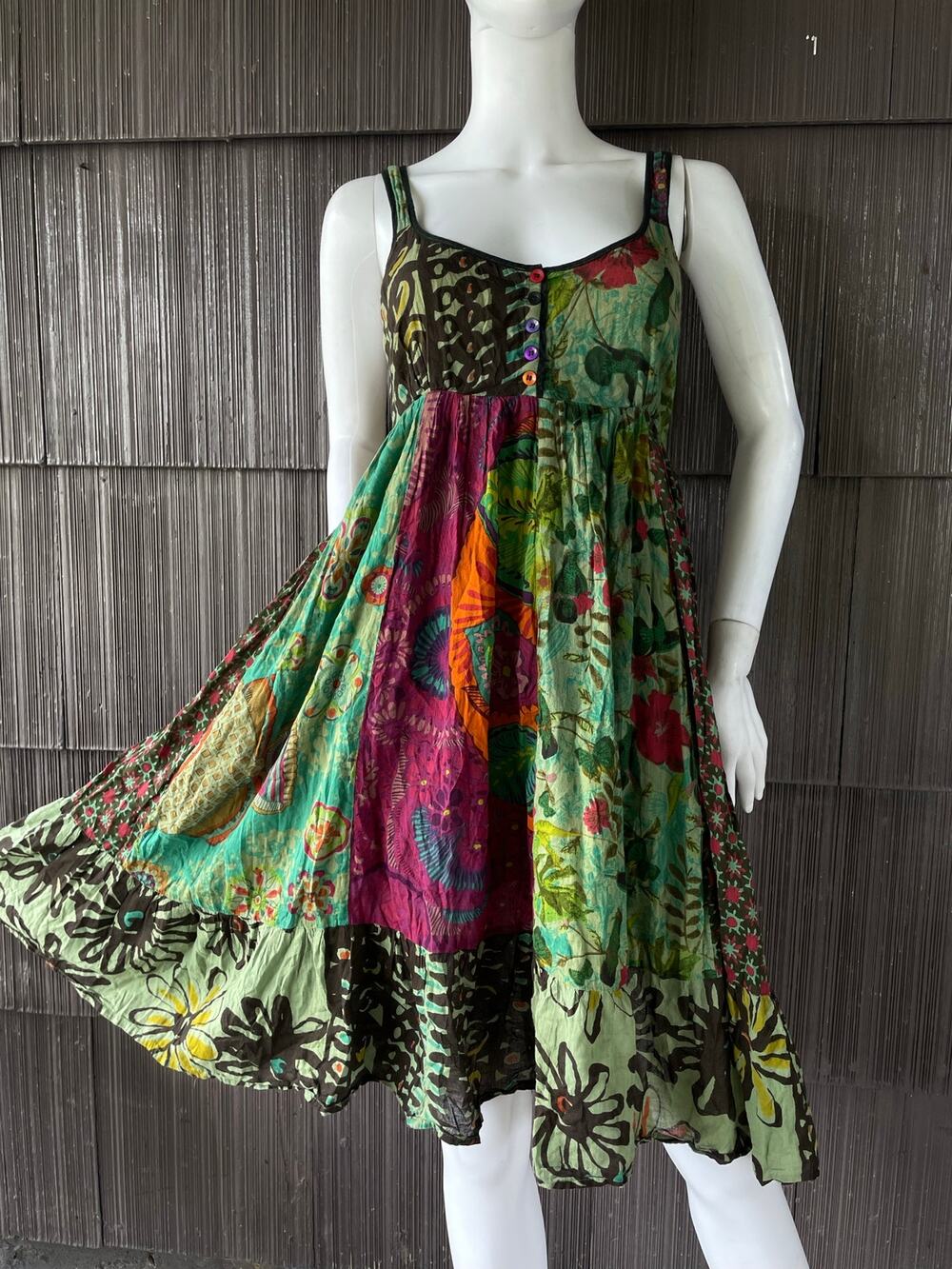 🔥Coline Patchwork Multicolor Tiered Midi Dress Boho Hippie Fairy Whimsigoth S-M